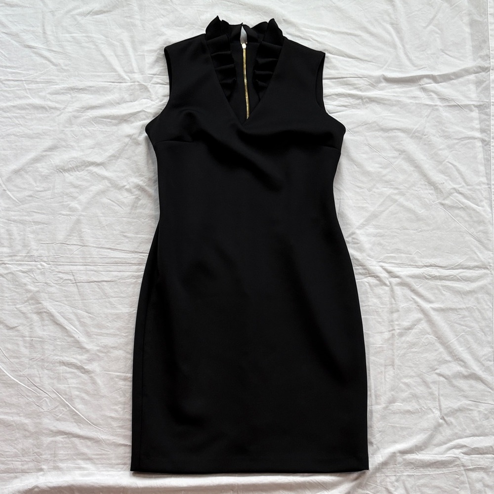 Calvin Klein V-neck Sheath Dress Black Ruffled Collar Dress Size 8